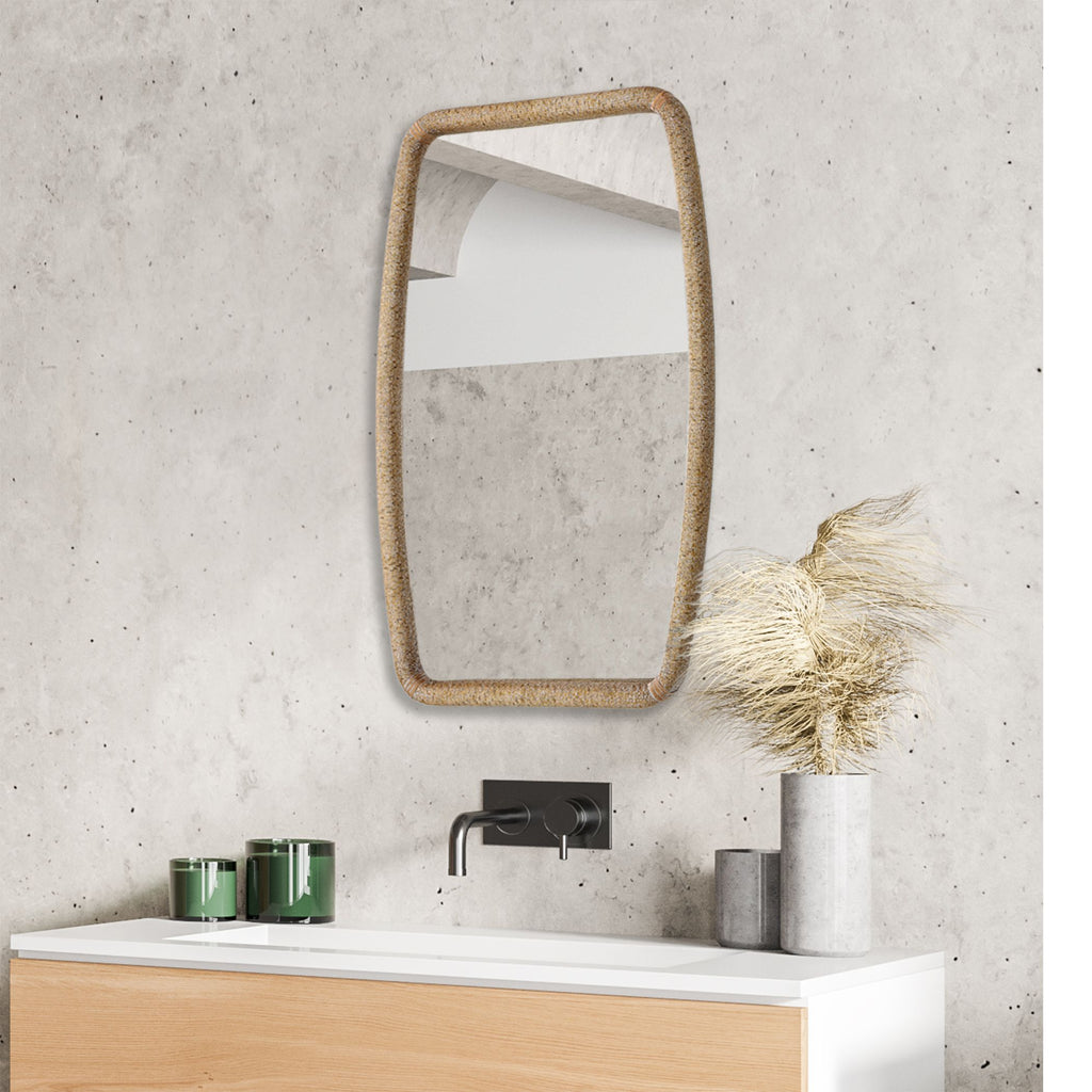 Introducing our exquisite mirror that effortlessly merges natural materials with timeless style. The wooden frame showcases a meticulously crafted wrapped woven rattan design, adding a touch of organic elegance to any space.- Alternate Image