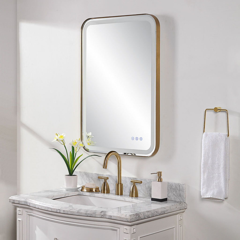 Brushed Brass Lighted Vanity Mirror - Bryant Park Luxury Makeup Mirror- Alternate Image