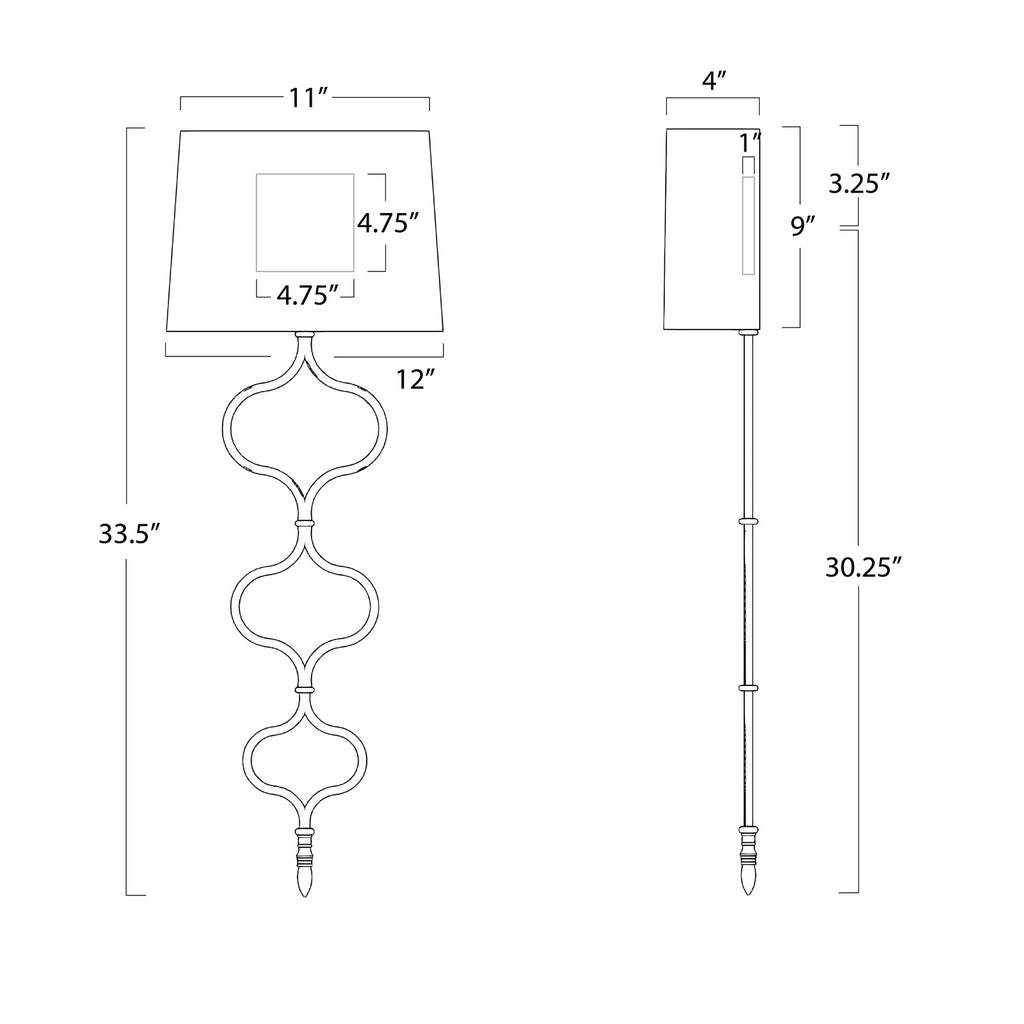 15-1018GL Sinuous 1 Light Sconce | Dimensions Image