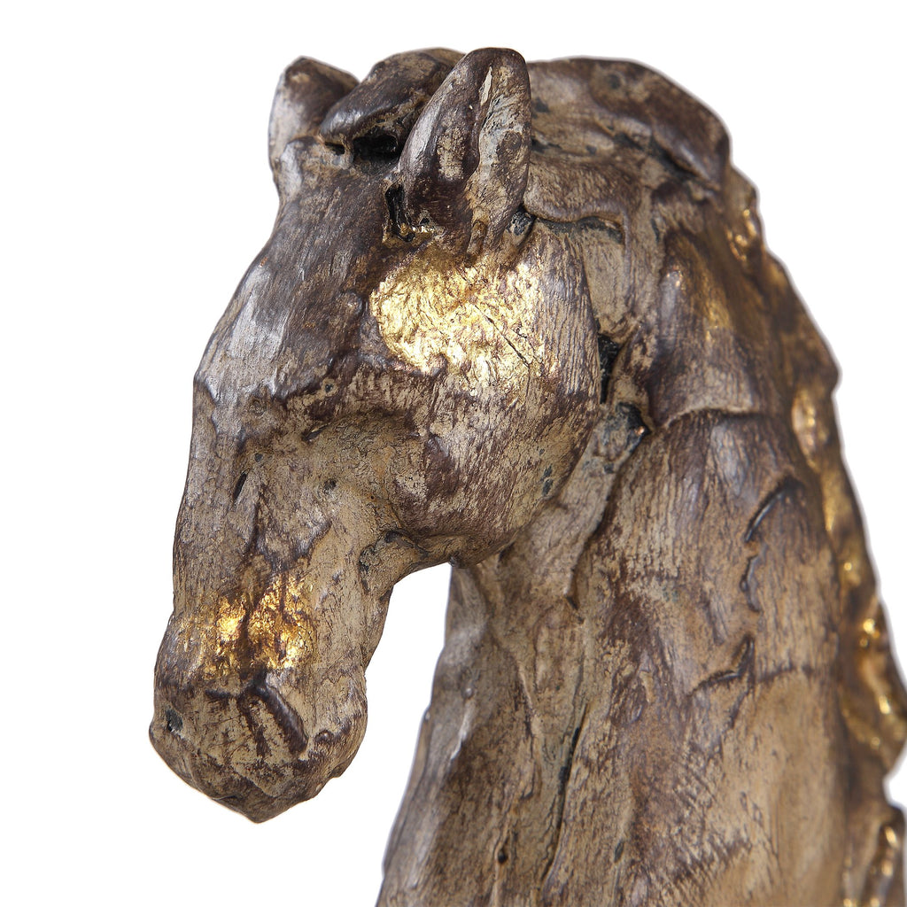 Aged Silver Horse Sculpture with Gold Accents on Black Stand- Alternate Image