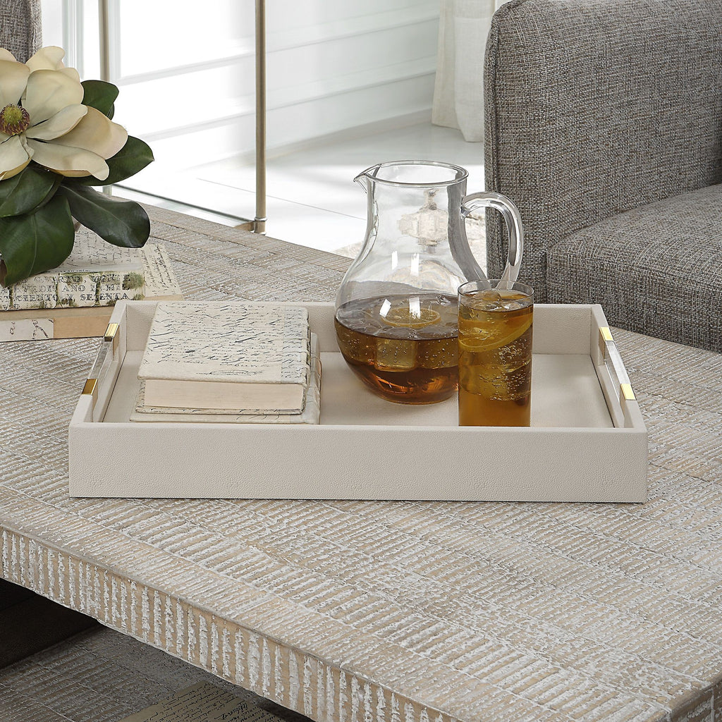 White Shagreen Tray | Modern Classic Silhouette | Acrylic Brass Handles - Alternate Image