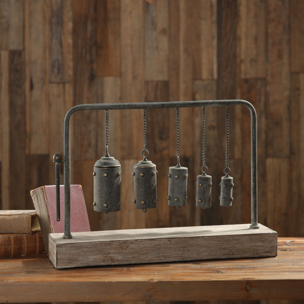 A Tabletop Interpretation Of The Ancient Chinese Musical Instrument, Bianzhong, In Which The Bells Graduate In Size To Provide A Different Sound When Struck With The Mallet. Displayed On A Fir Wood Base. - Alternate Image