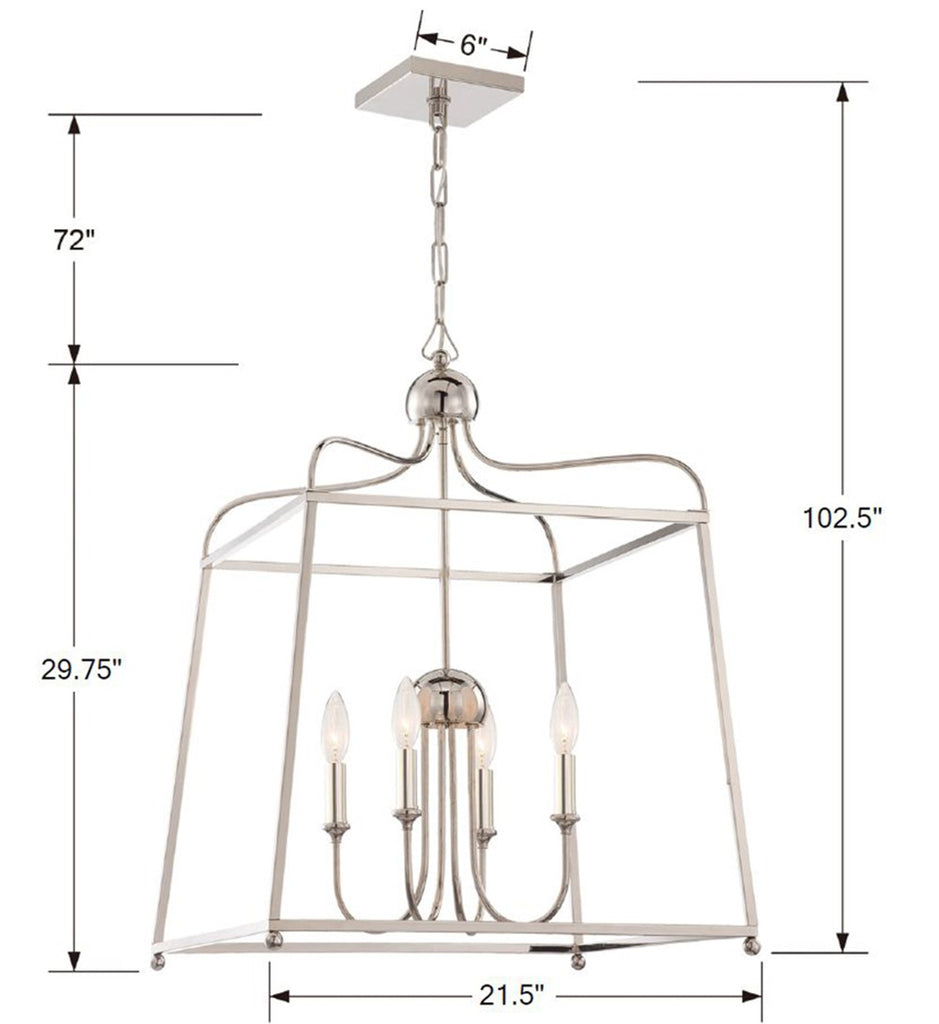 2244-PN_NOSHADE Libby Langdon Sylvan 4 Light Lantern Chandelier | Dimensions Image