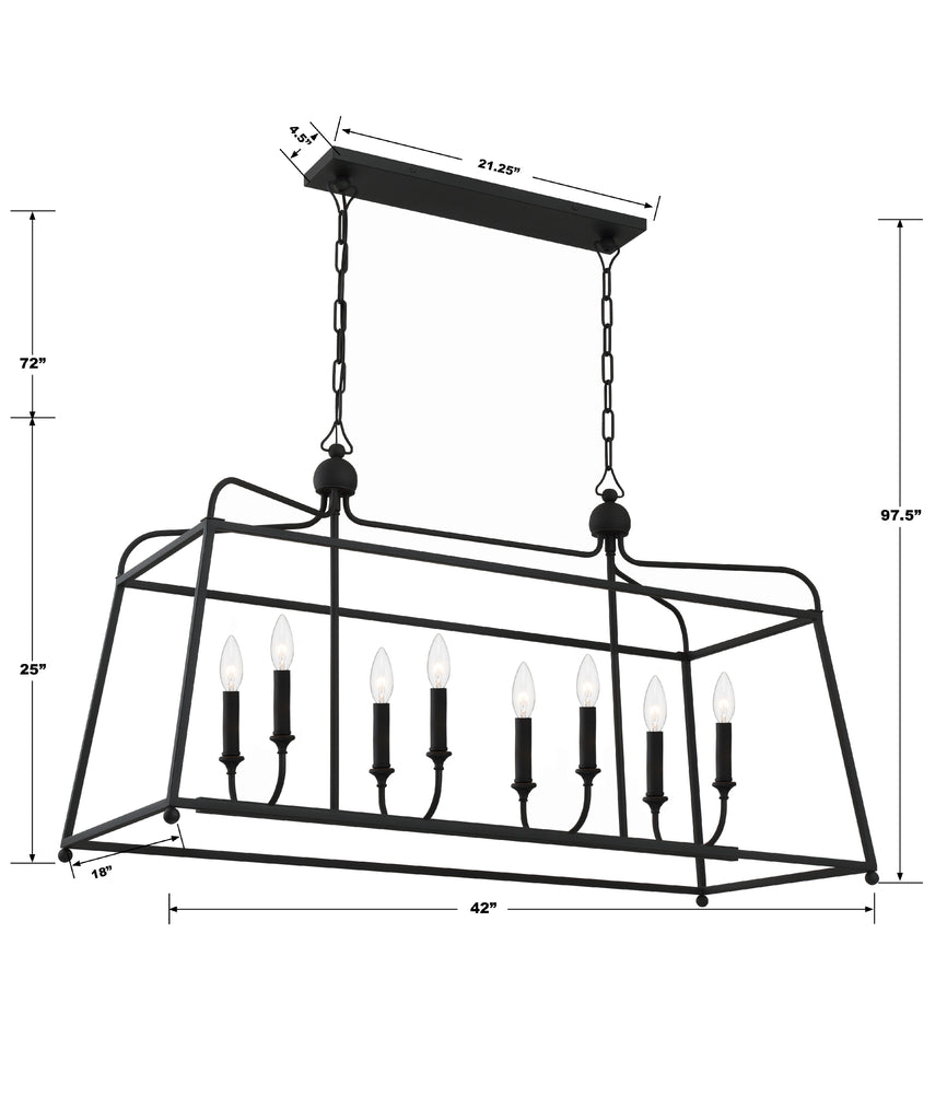 2249-BF_NOSHADE Sylvan 8 Light Linear Chandelier | Dimensions Image