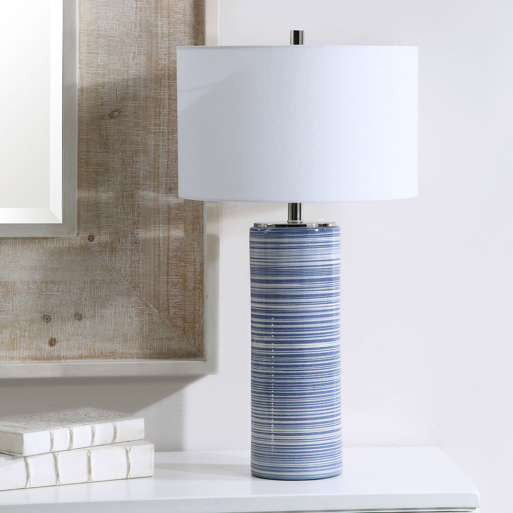 White and Indigo Striped Ceramic Table Lamp- Alternate Image