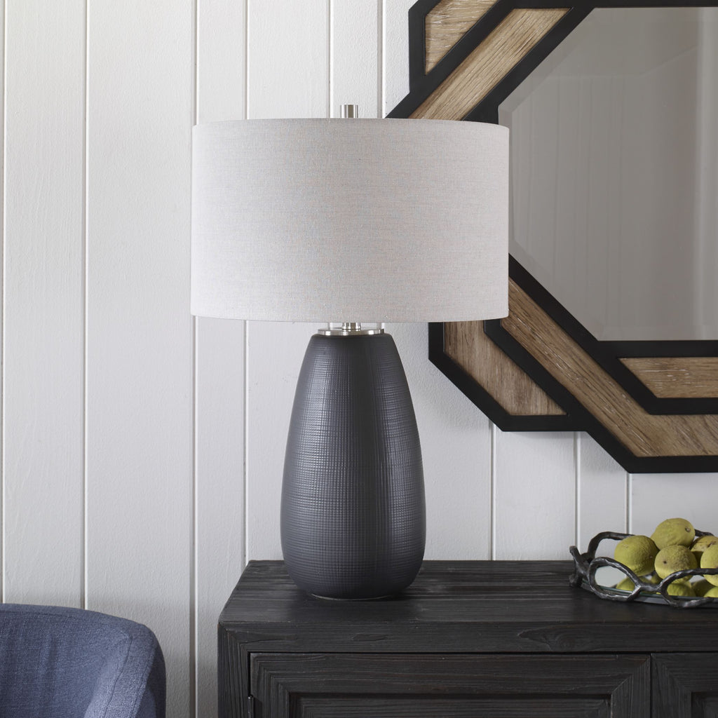 Twilight Table Lamp - Ceramic Base, Satin Black Glaze, Brushed Nickel Details- Alternate Image