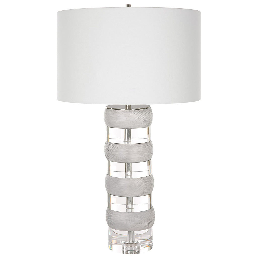 Luxurious Glass and Brushed Nickel Table Lamp | Stacked Crystal and Wooden Discs- Alternate Image