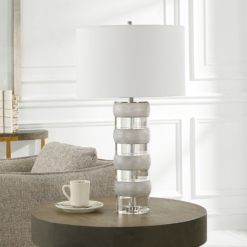 Luxurious Glass and Brushed Nickel Table Lamp | Stacked Crystal and Wooden Discs- Alternate Image