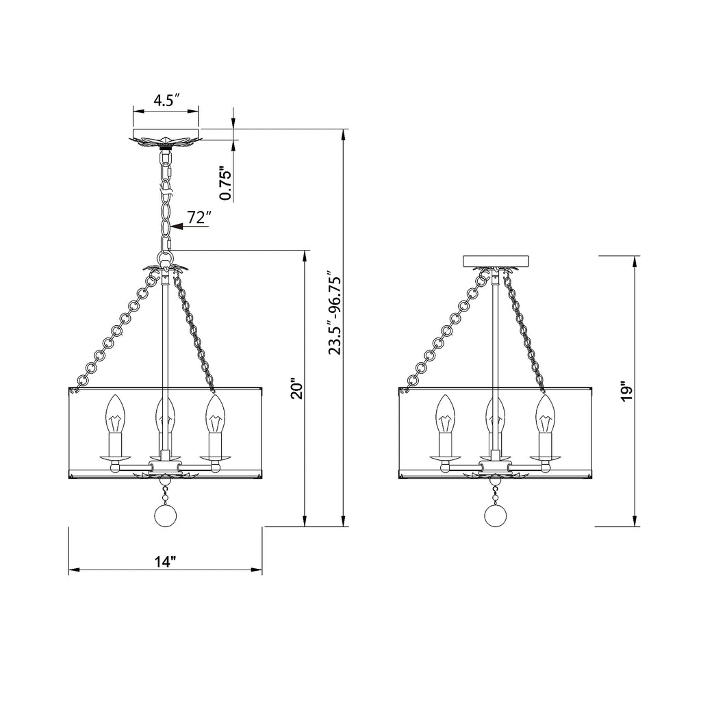 Crystorama Broche 14'' Chandelier - Product Dimensions