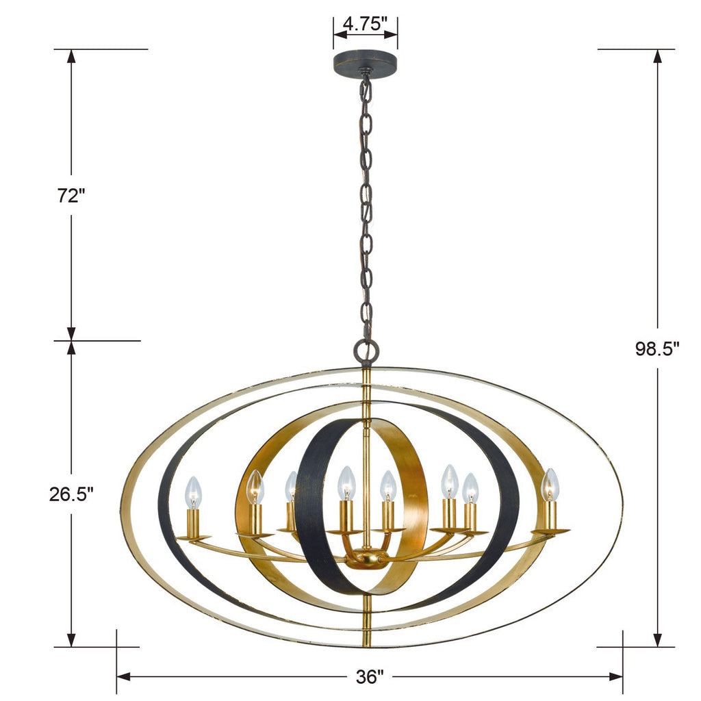 588-EB-GA Luna 8 Light Oval Chandelier | Dimensions Image