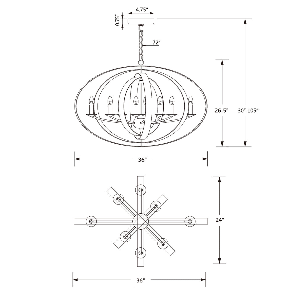 Crystorama-OPEN-BOX Luna 8 Light Chandelier - Product Dimensions