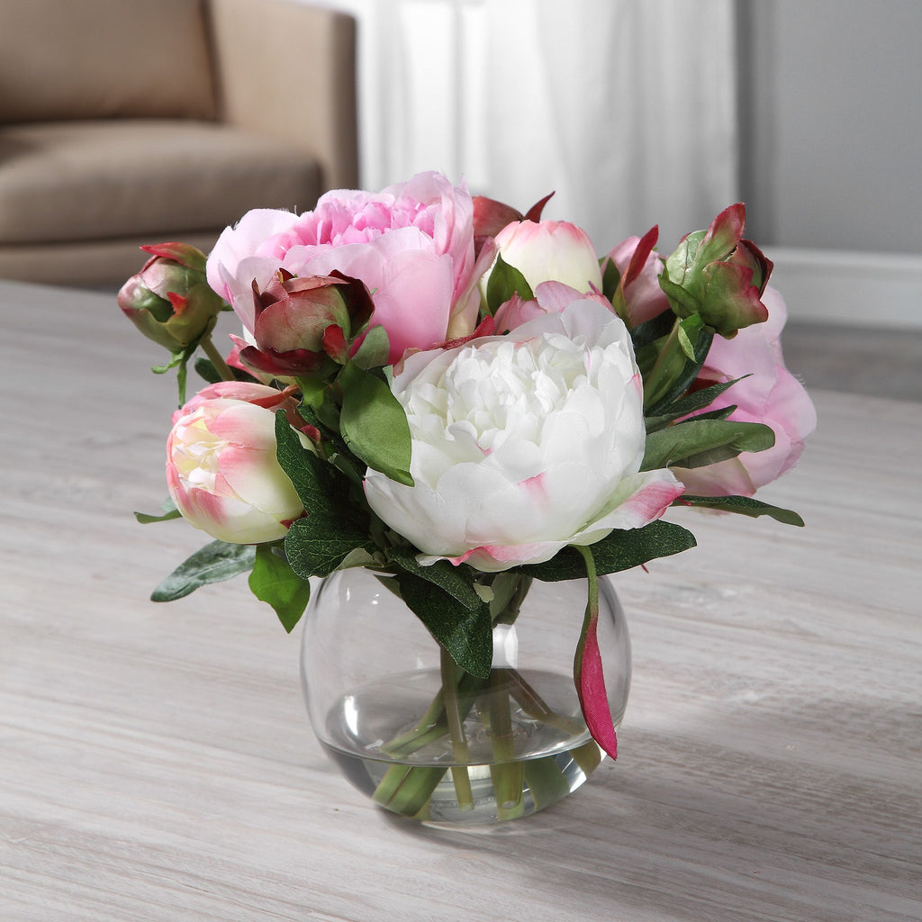 Peony Floral Arrangement in Clear Glass Vase- Alternate Image