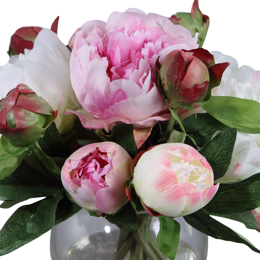 Peony Floral Arrangement in Clear Glass Vase- Alternate Image