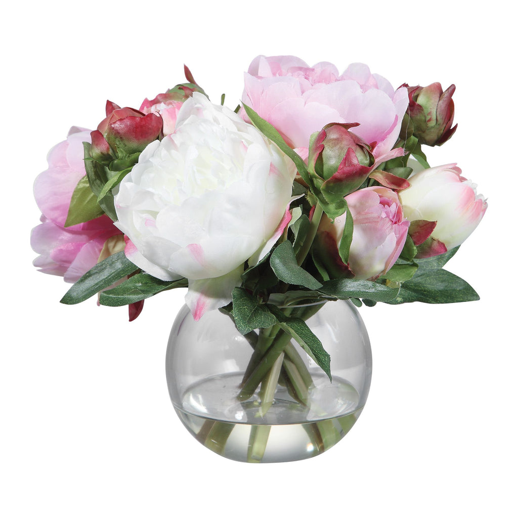 Peony Floral Arrangement in Clear Glass Vase- Alternate Image