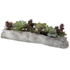 A Lush Mix Of Succulents In Varying Tones Of Greens And Burgundy Over A Faux Soil Mixture, Filling A Solid Concrete Container Resembling A Life-like Driftwood Log.- Alternate Image