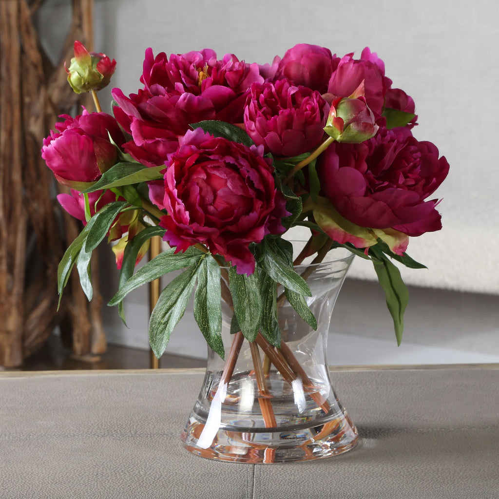 Fuchsia Peony Cuttings in Clear Glass Vase- Alternate Image