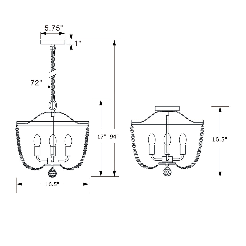 Crystorama Rylee 16.5'' Semi Flush Mount - Product Dimensions
