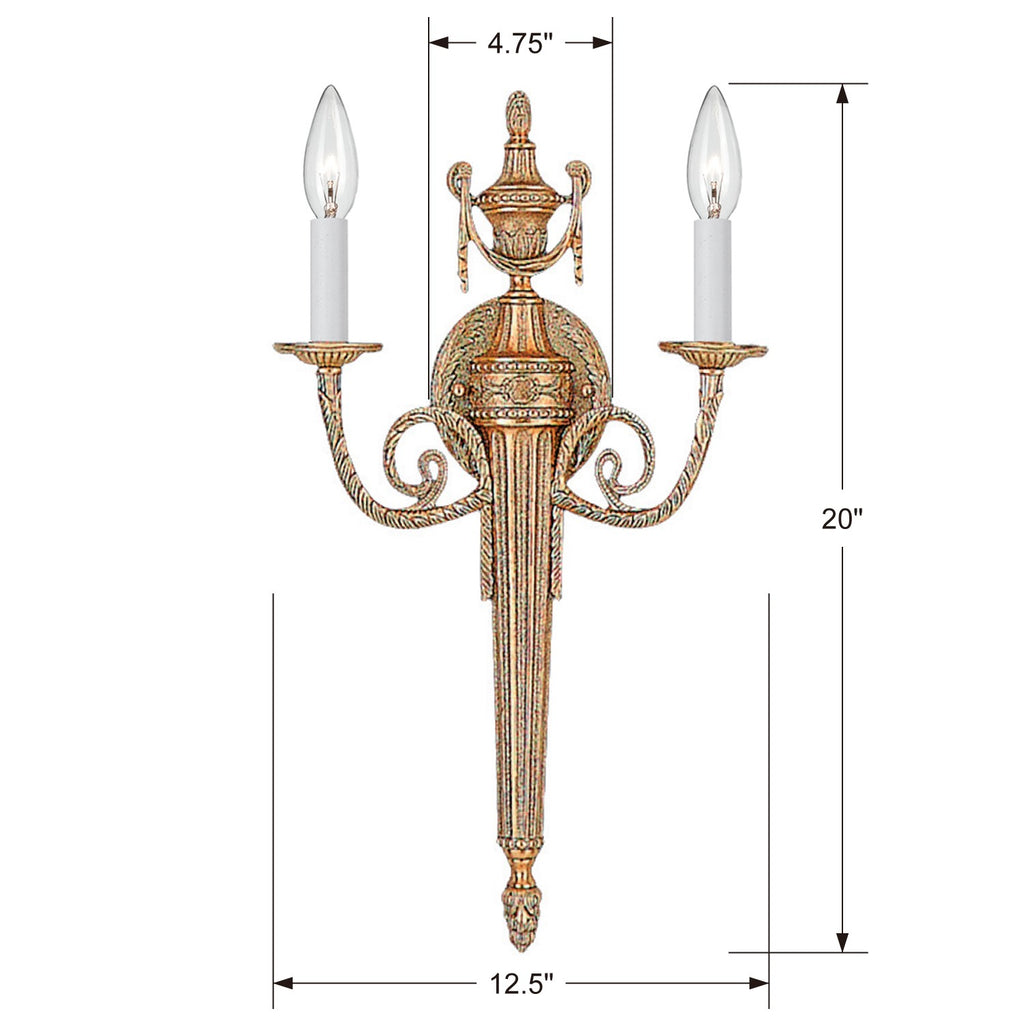 662-MB Crystorama 2 Light Cast Brass Sconce | Dimensions Image