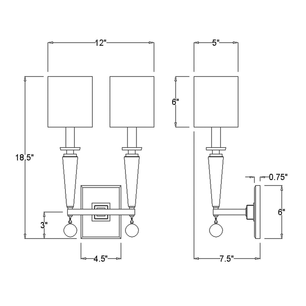 Crystorama-OPEN-BOX Paxton 2 Light Sconce - Product Dimensions