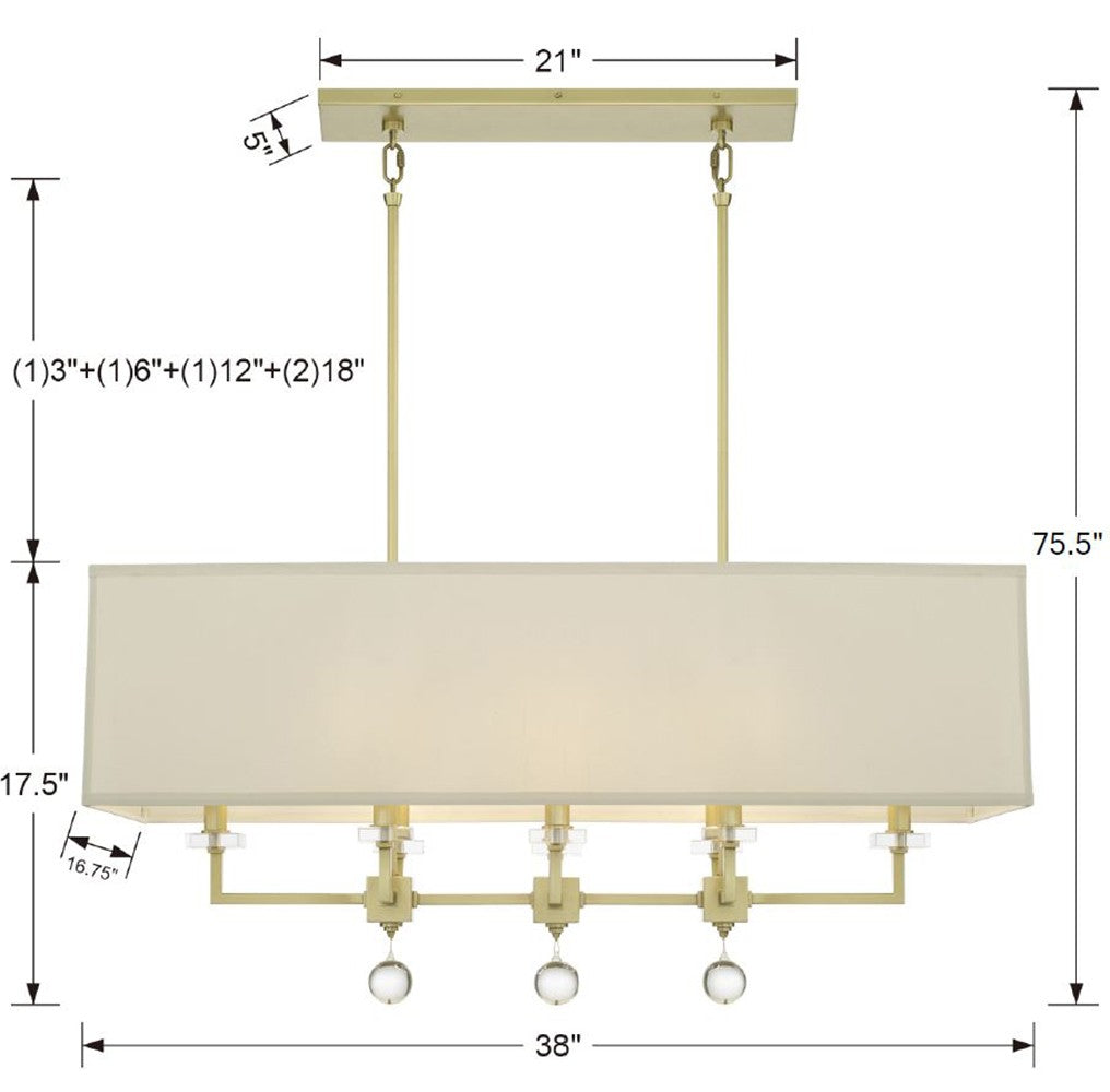 8109-AG Paxton 8 Light Linear Chandelier | Dimensions Image