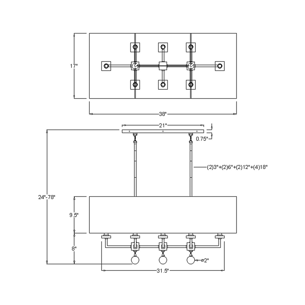 Crystorama Paxton 38'' Linear Chandelier - Product Dimensions