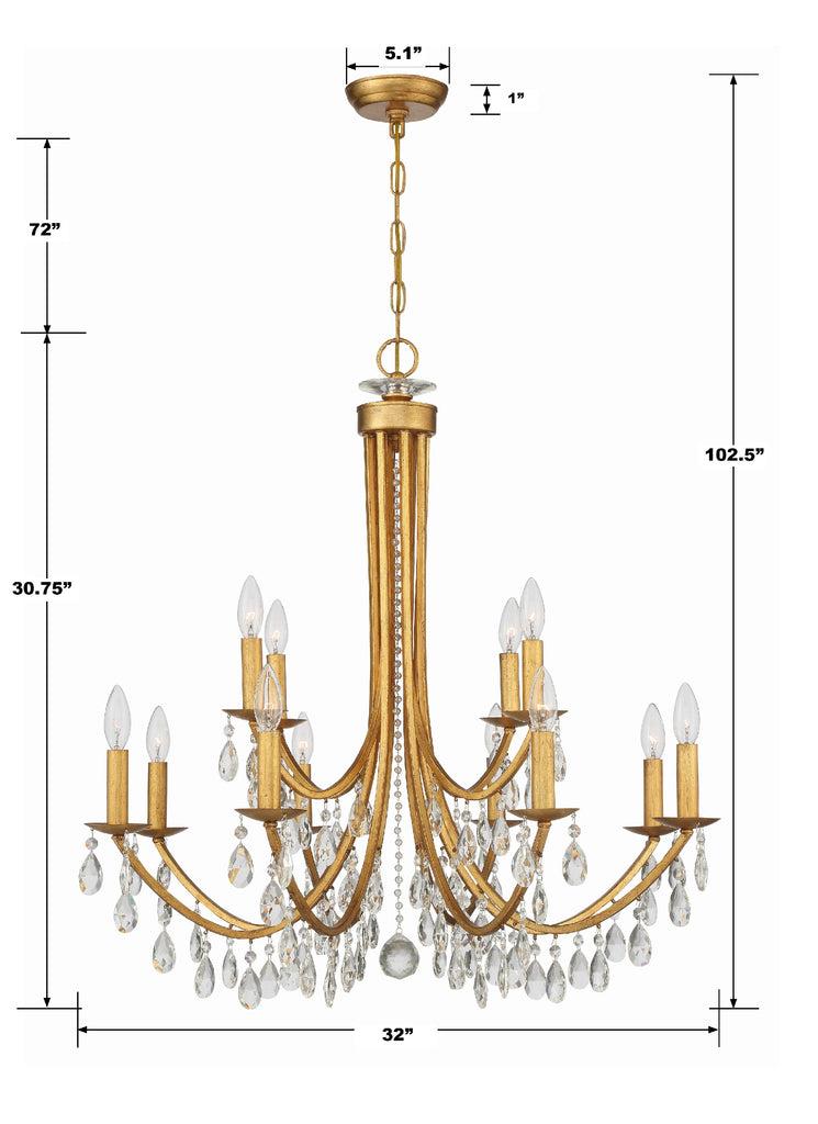 8829-GA-CL-MWP Bridgehampton 12 Light Chandelier | Dimensions Image