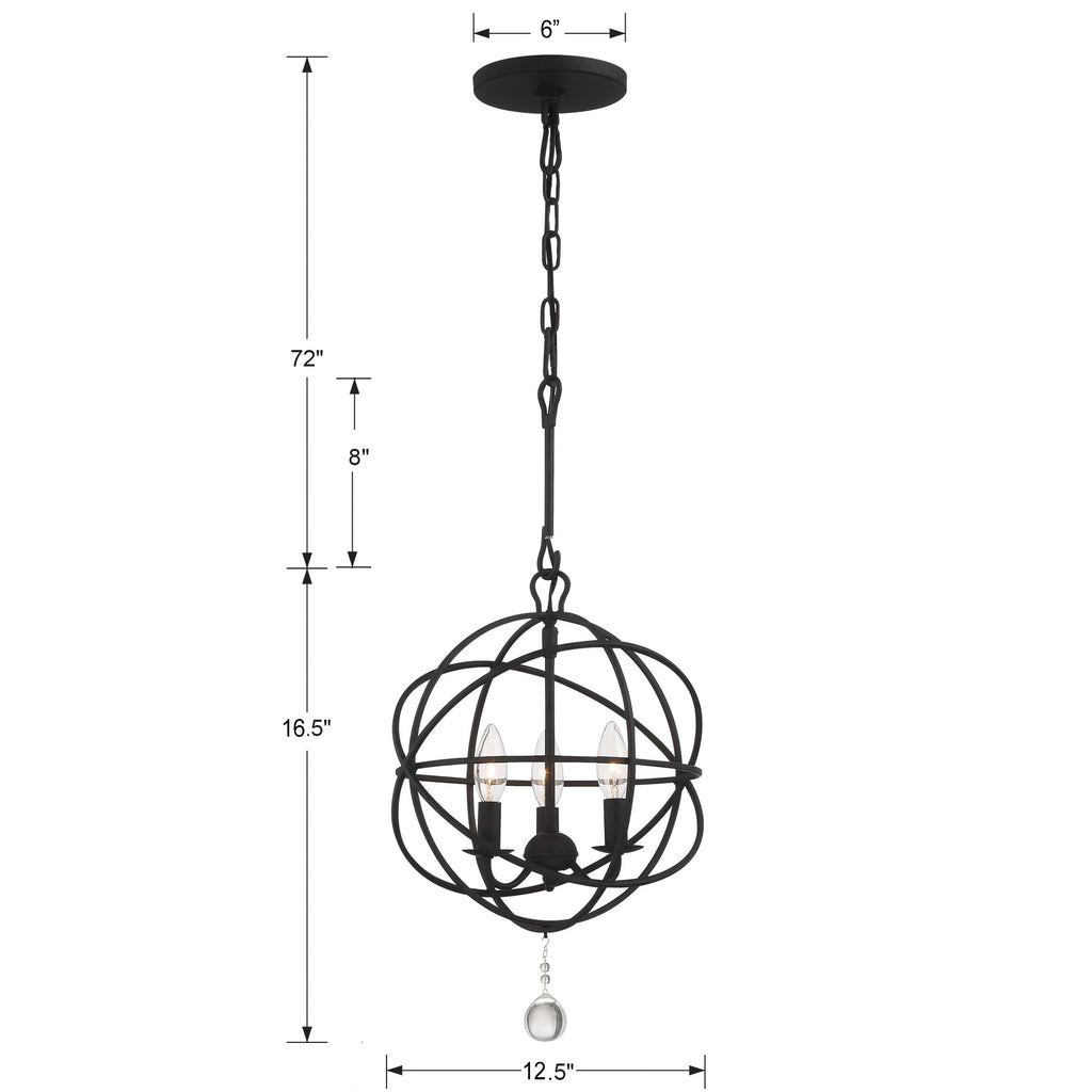 9225-BK Solaris 3 Light Mini Chandelier | Dimensions Image