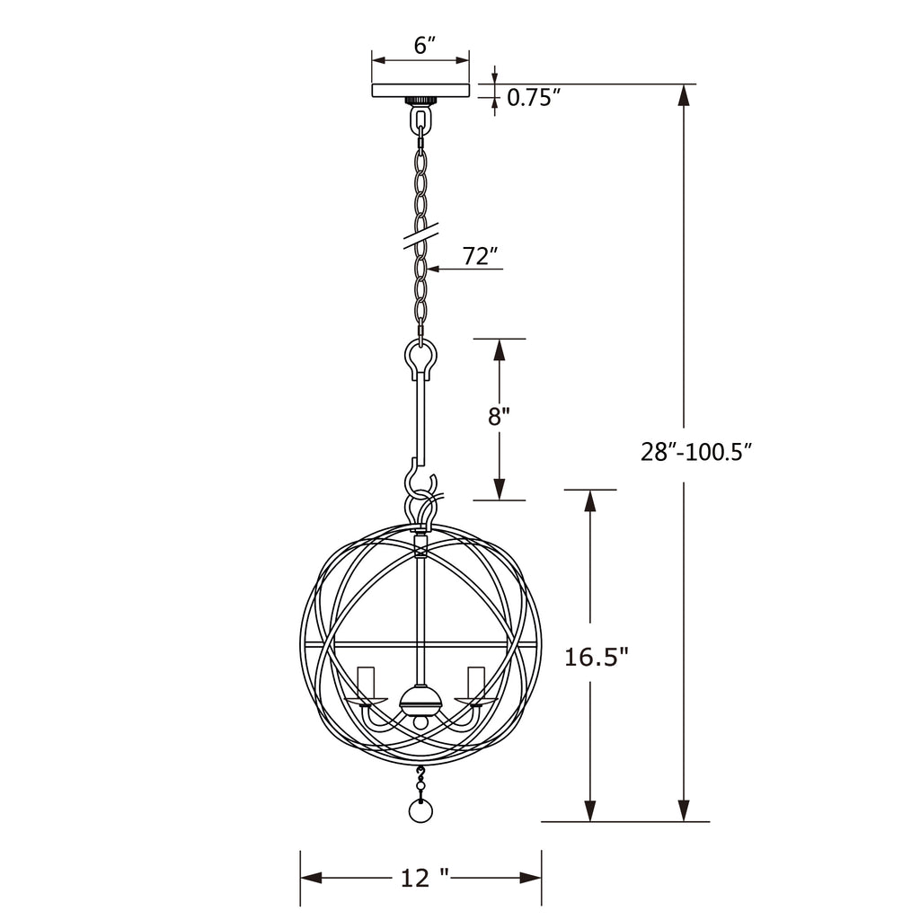 Crystorama-OPEN-BOX Solaris 3 Light Mini Chandelier - Product Dimensions