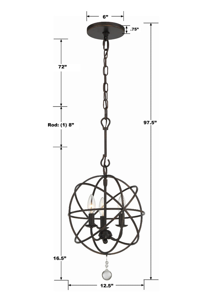 Crystorama-OPEN-BOX Solaris 3 Light Mini Chandelier - Product Dimensions