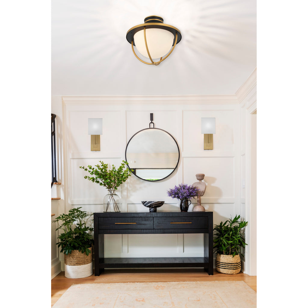 Crystorama Atlas 13.5'' Outdoor Semi Flush Mount in Matte Black + Textured Gold - Lifestyle View