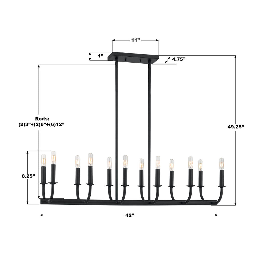 BAI-A2112-MK Bailey 12 Light Linear Chandelier | Dimensions Image