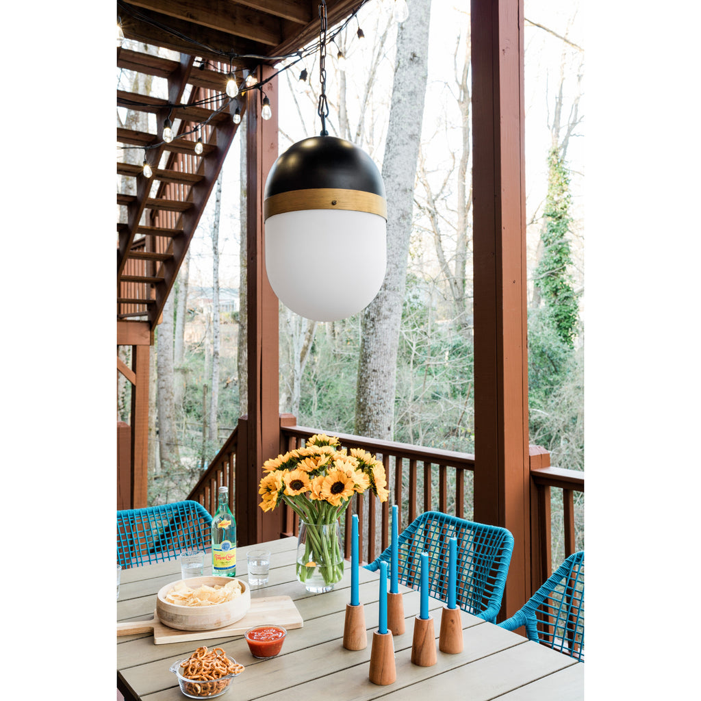 Crystorama Capsule 8'' Outdoor Pendant in Matte Black + Textured Gold - Lifestyle View