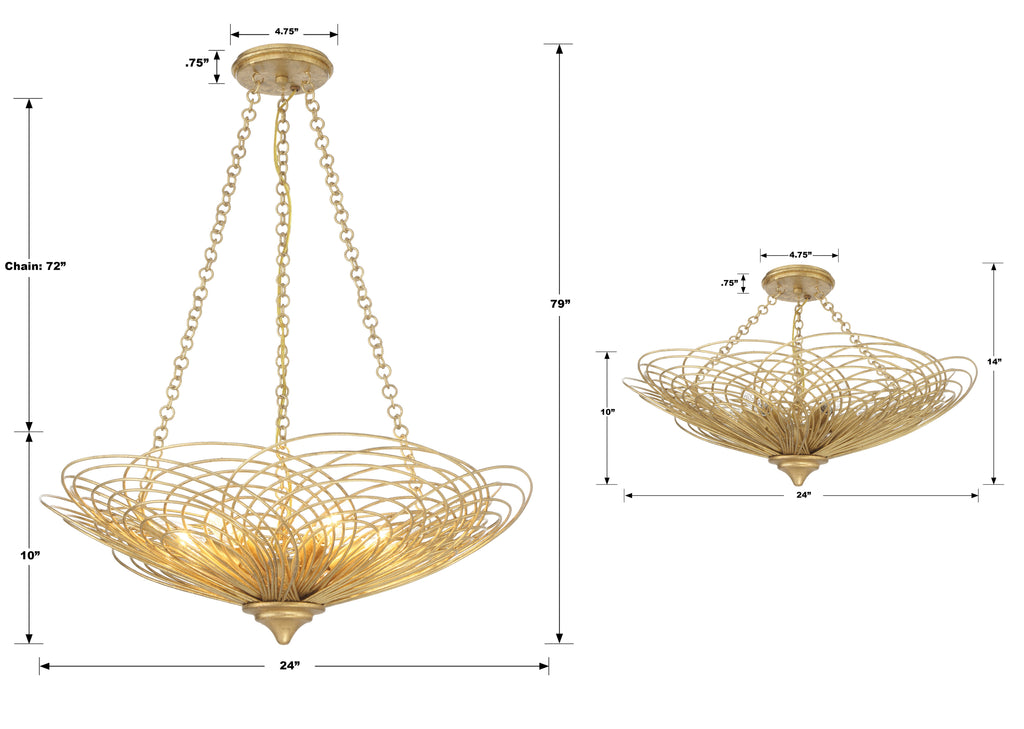 DOR-B7706-RG Doral 6 Light Chandelier | Dimensions Image