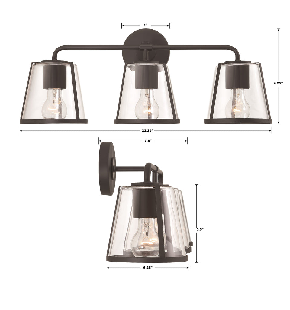 FUL-913-BK-CL Fulton 3 Light Bathroom Vanity | Dimensions Image