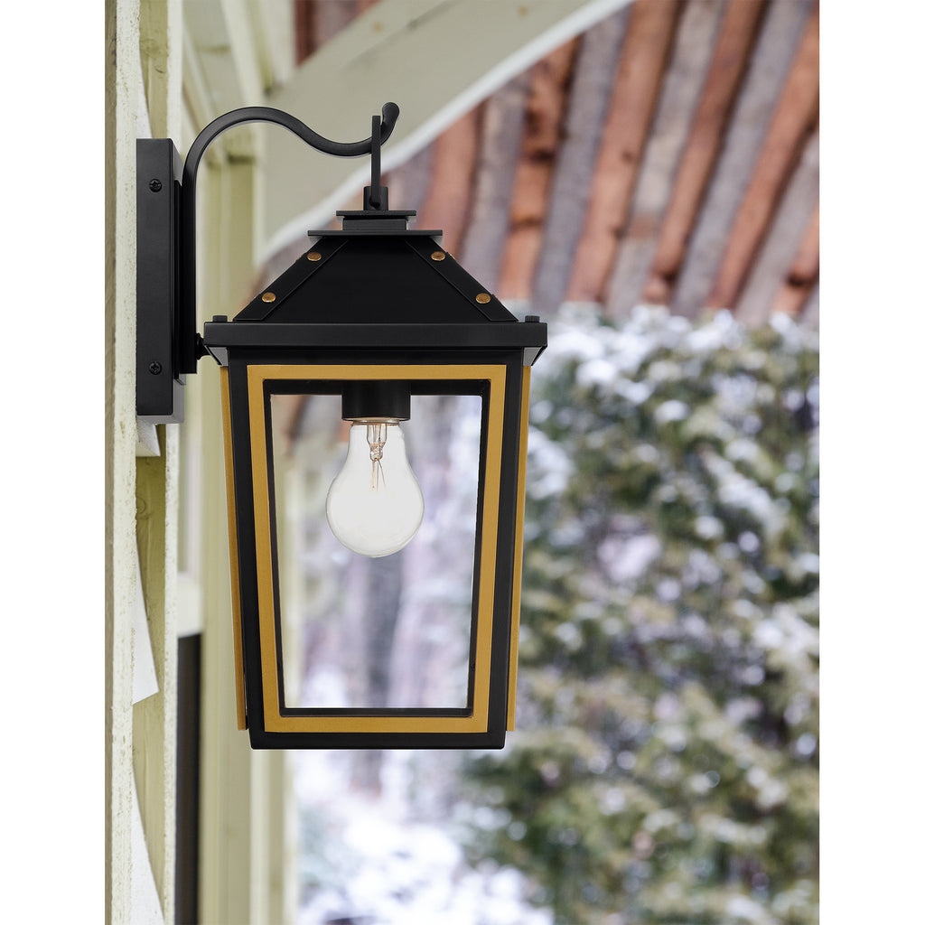 Crystorama Hawkins 7.25'' Outdoor Sconce in Matte Black + Textured Gold - Lifestyle View