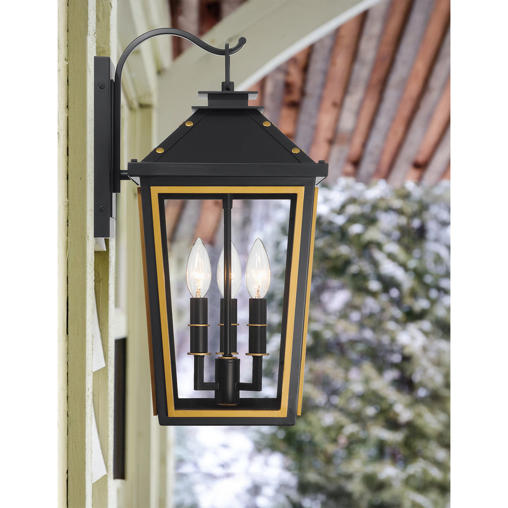 Crystorama Hawkins 9.5'' Outdoor Sconce in Matte Black + Textured Gold - Lifestyle View