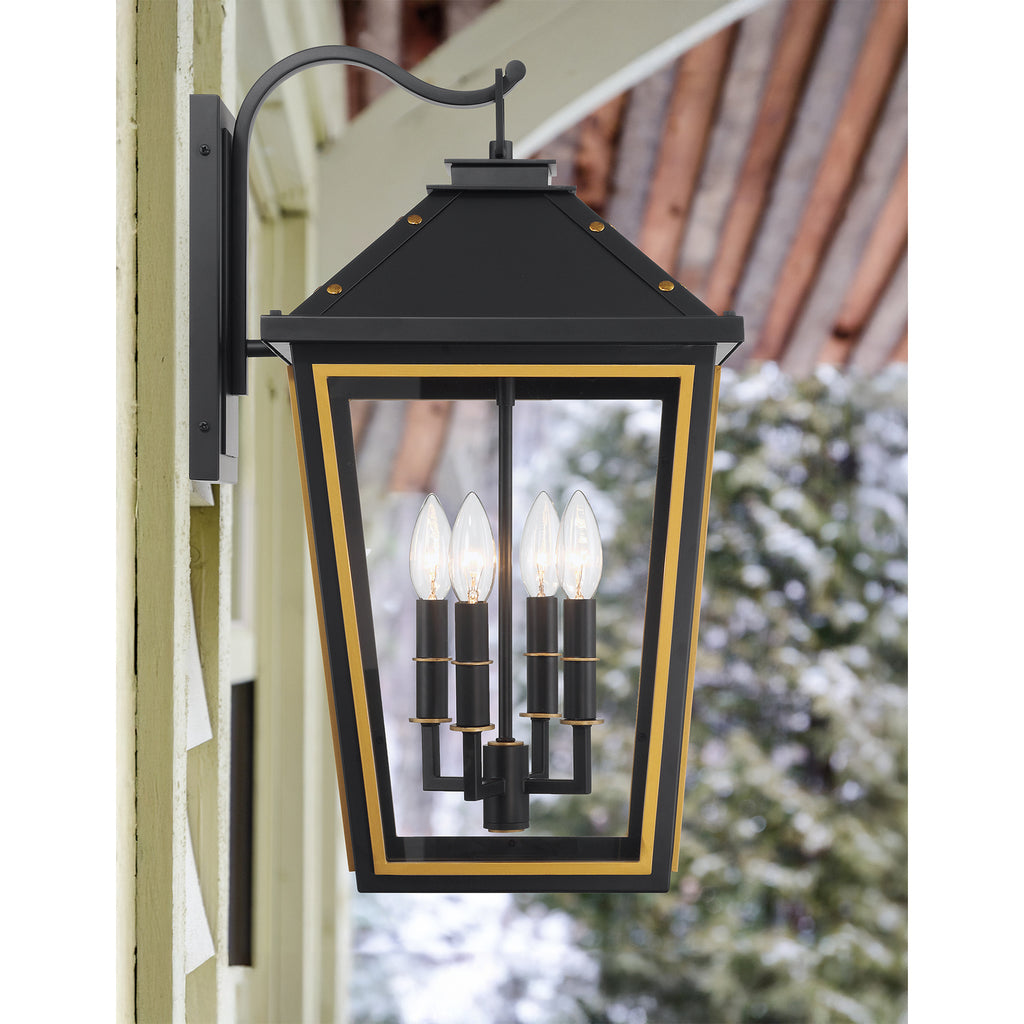 Crystorama Hawkins 12'' Outdoor Sconce in Matte Black + Textured Gold - Lifestyle View