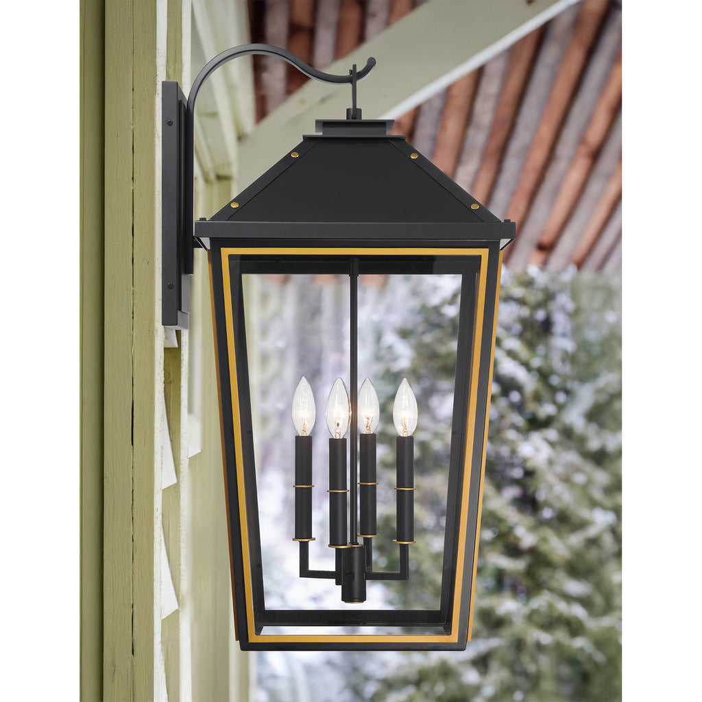 Crystorama Hawkins 15'' Outdoor Sconce in Matte Black + Textured Gold - Lifestyle View