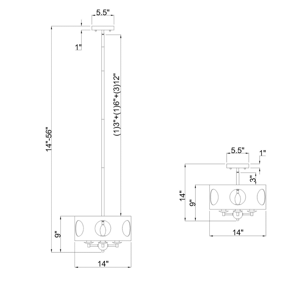 Crystorama Odelle 14'' Semi Flush Mount - Product Dimensions