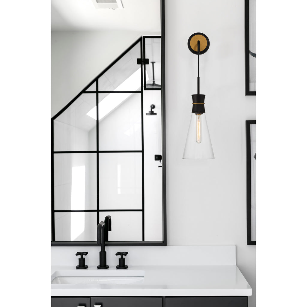 Crystorama Quinn 7'' Sconce in Matte Black + Textured Gold - Lifestyle View