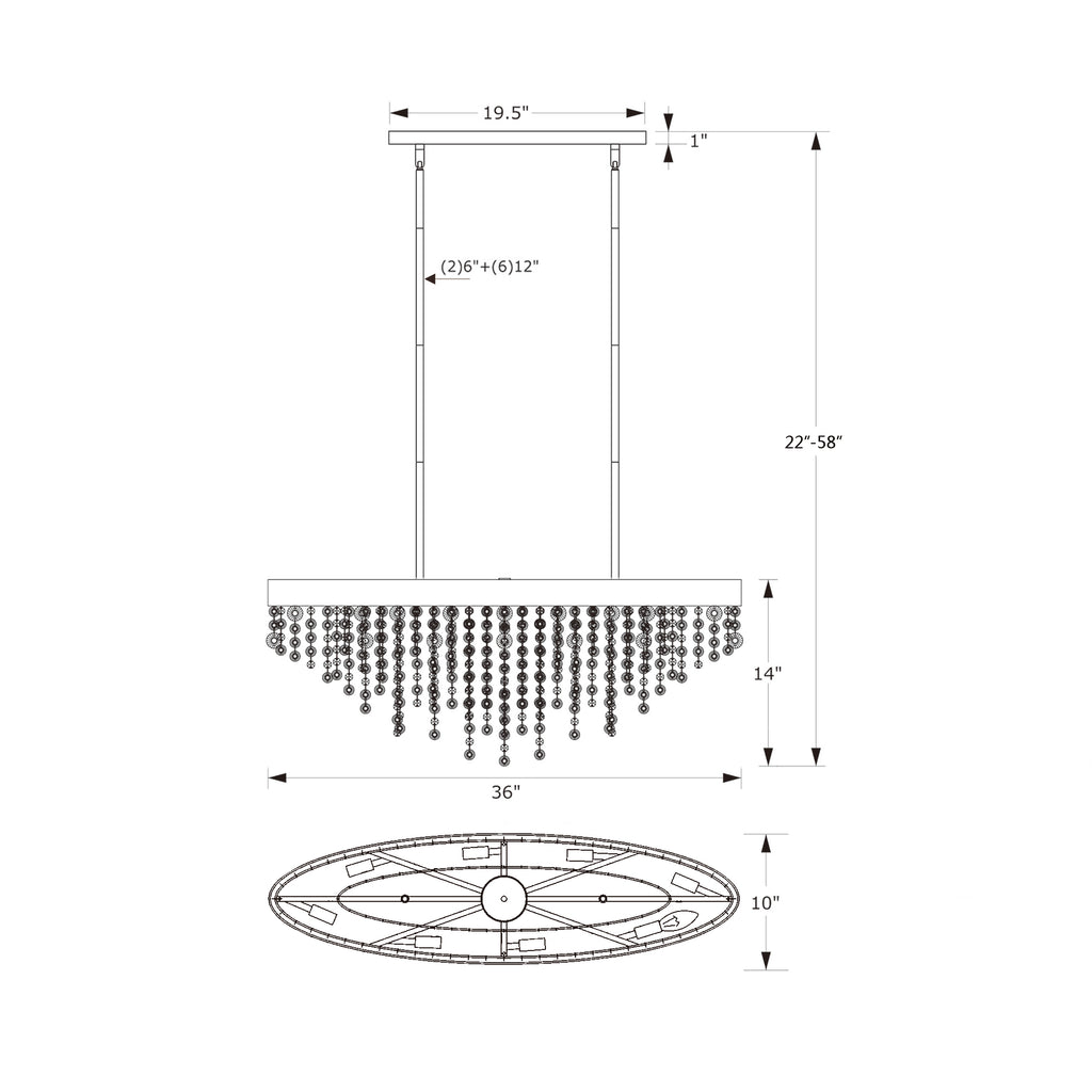 Crystorama Winham 36'' Linear Oval Chandelier - Product Dimensions