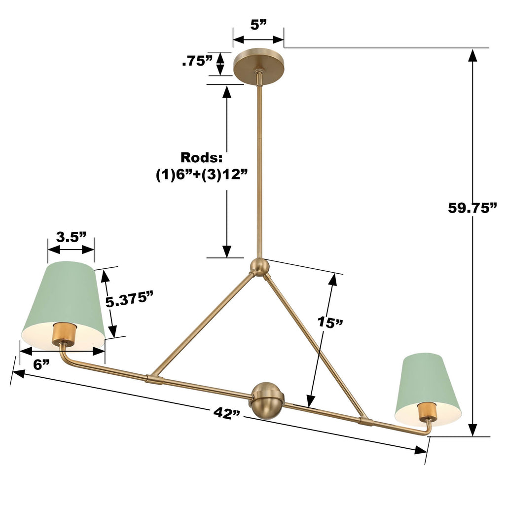 XAV-B9302-VG-GR Xavier 2 Light Linear Chandelier | Dimensions Image