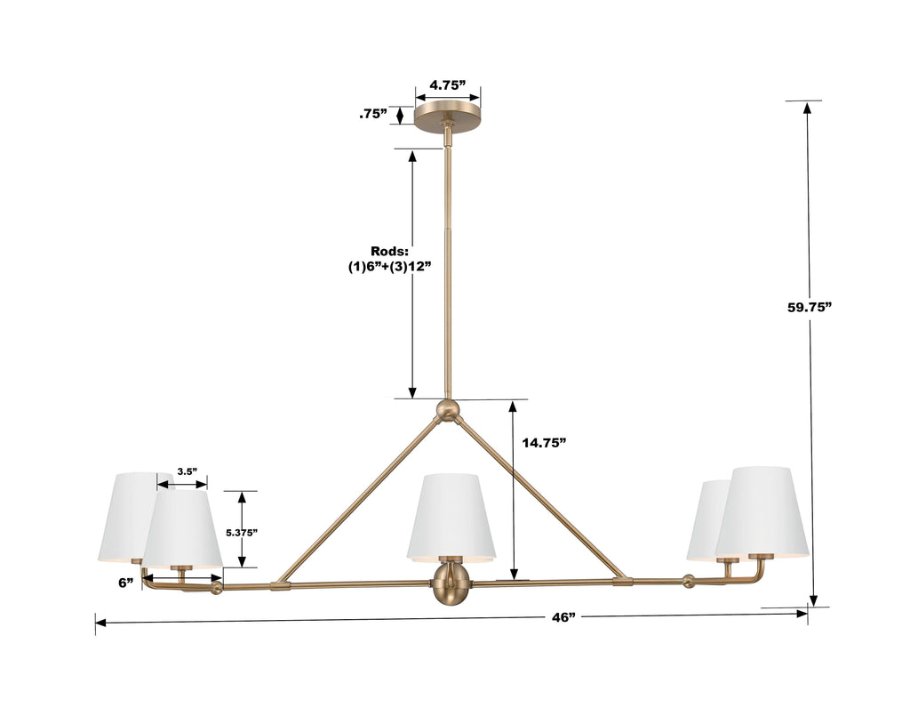 XAV-B9306-VG-WH Xavier 6 Light Linear Chandelier | Dimensions Image