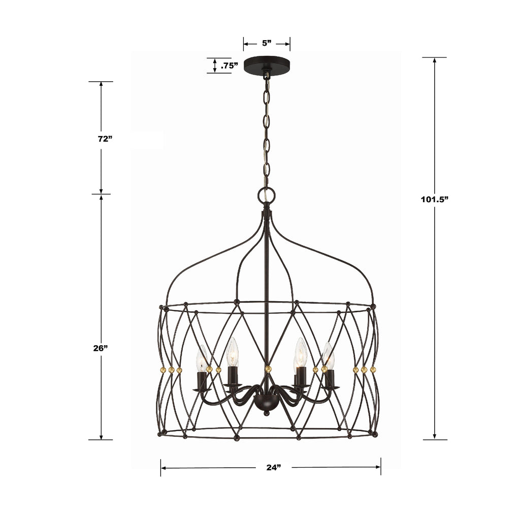 ZUC-A9035-EB-GA Zucca 6 Light Lantern Chandelier | Dimensions Image