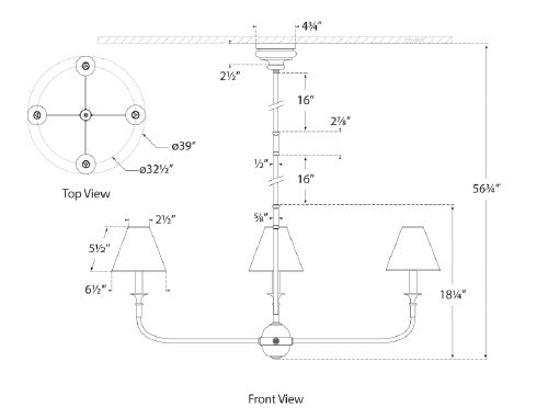 tob5451 Thomas O'Brien Piaf 4 Light Chandelier | Dimensions Image