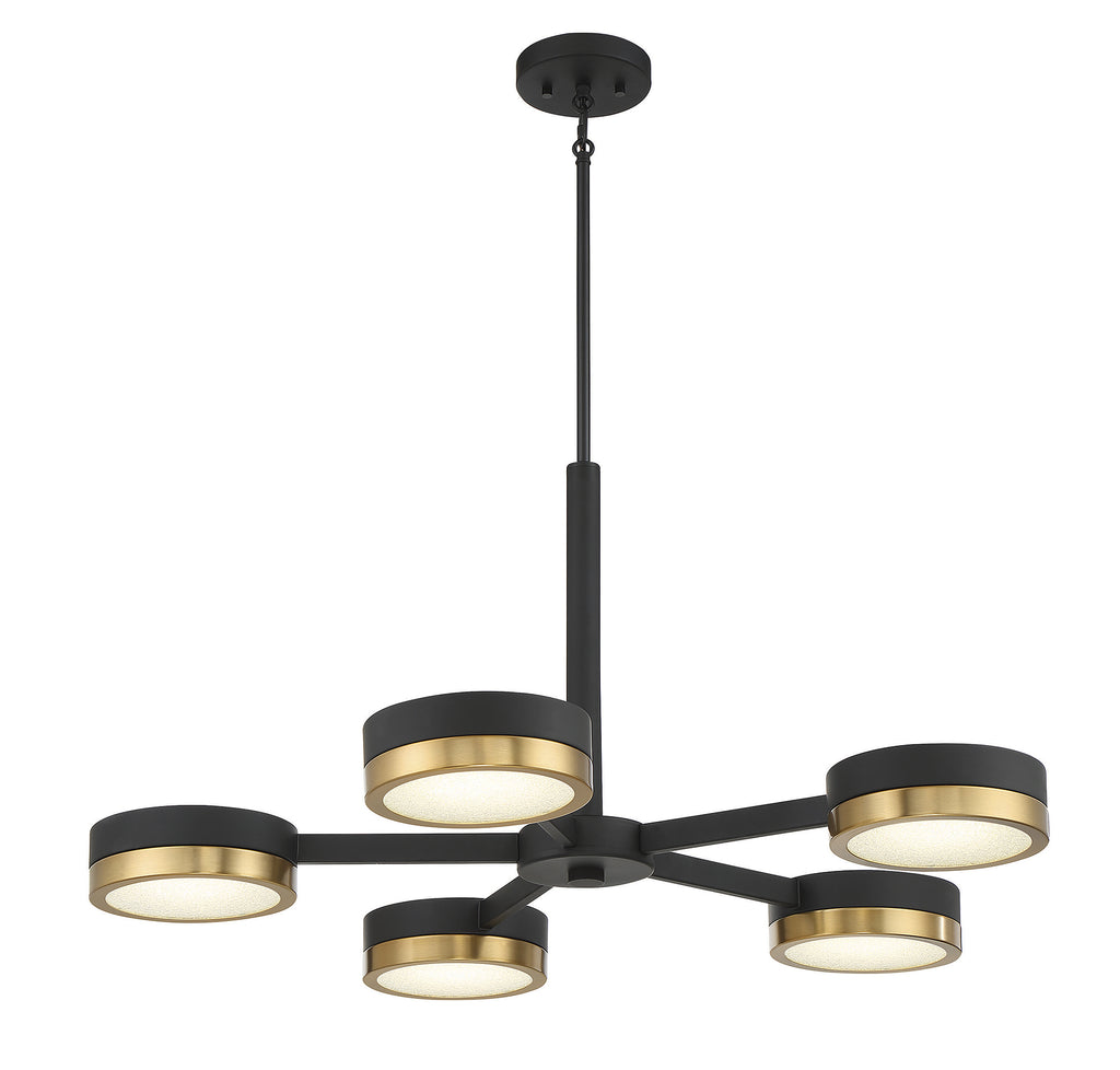 5-Light Matte Black and Warm Brass Chandelier | Geometric Design with Faceted Crystal | Alternate View