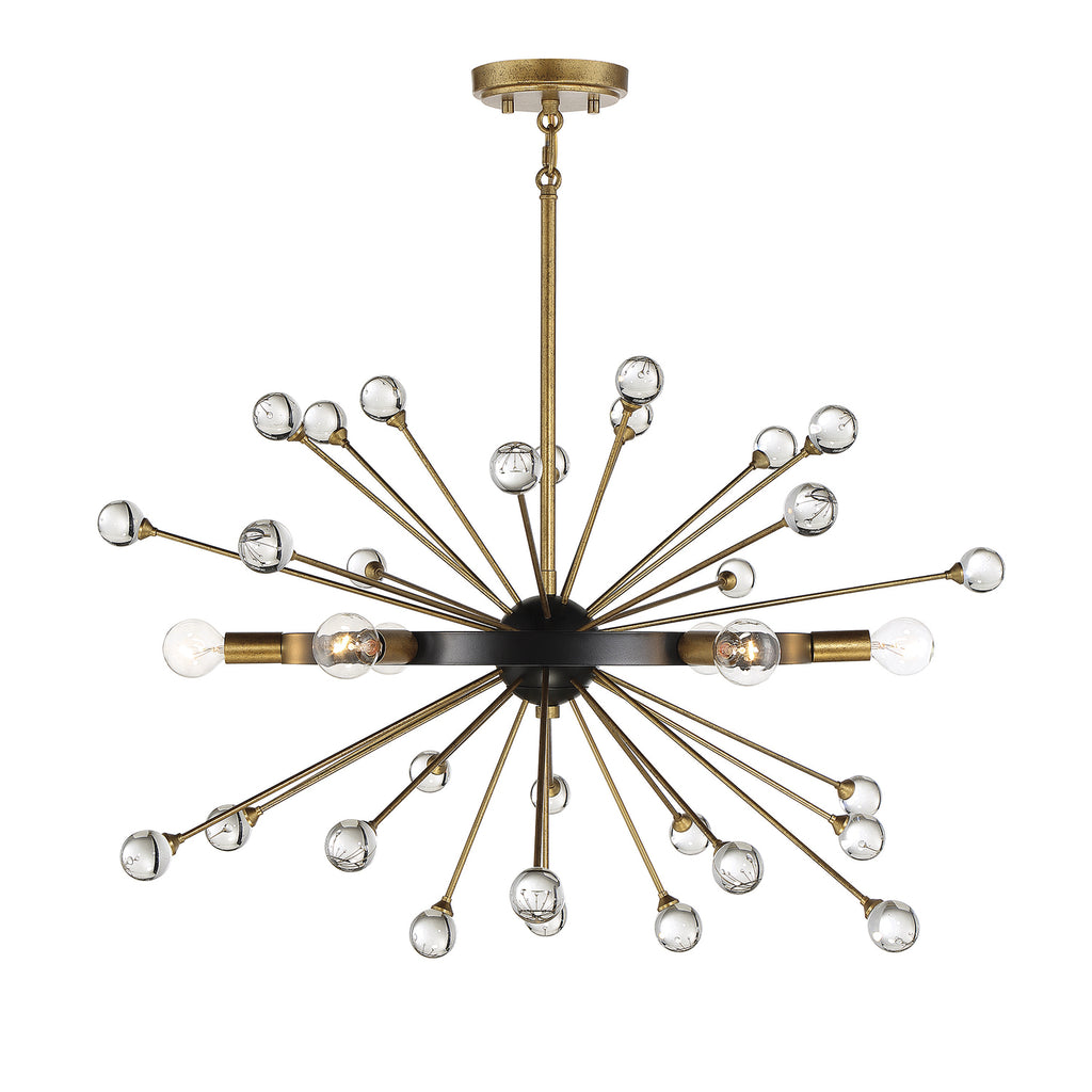 Mid-Century Modern Black and Gold Chandelier with Crystal Baubles