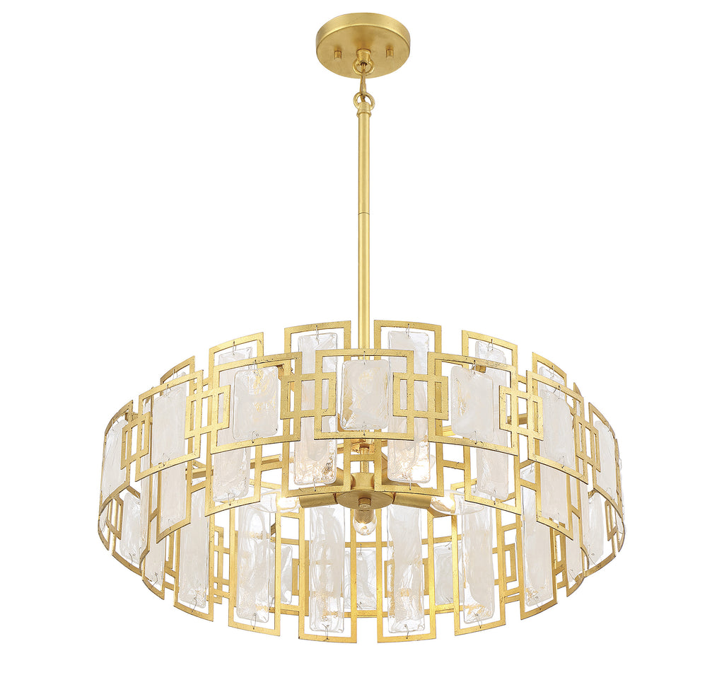 Modern True Gold Chandelier with Strie Piastra Glass | Adjustable Height | 5-Light Fixture | Alternate View