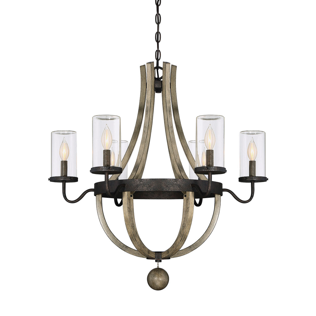 Looking to elevate your outdoor living space with high-end lighting? Check out our 6-light outdoor chandelier, perfect for porches and patios. This stunning fixture boasts a curved metal frame with a rustic wood finish, accented by a dark metal band.