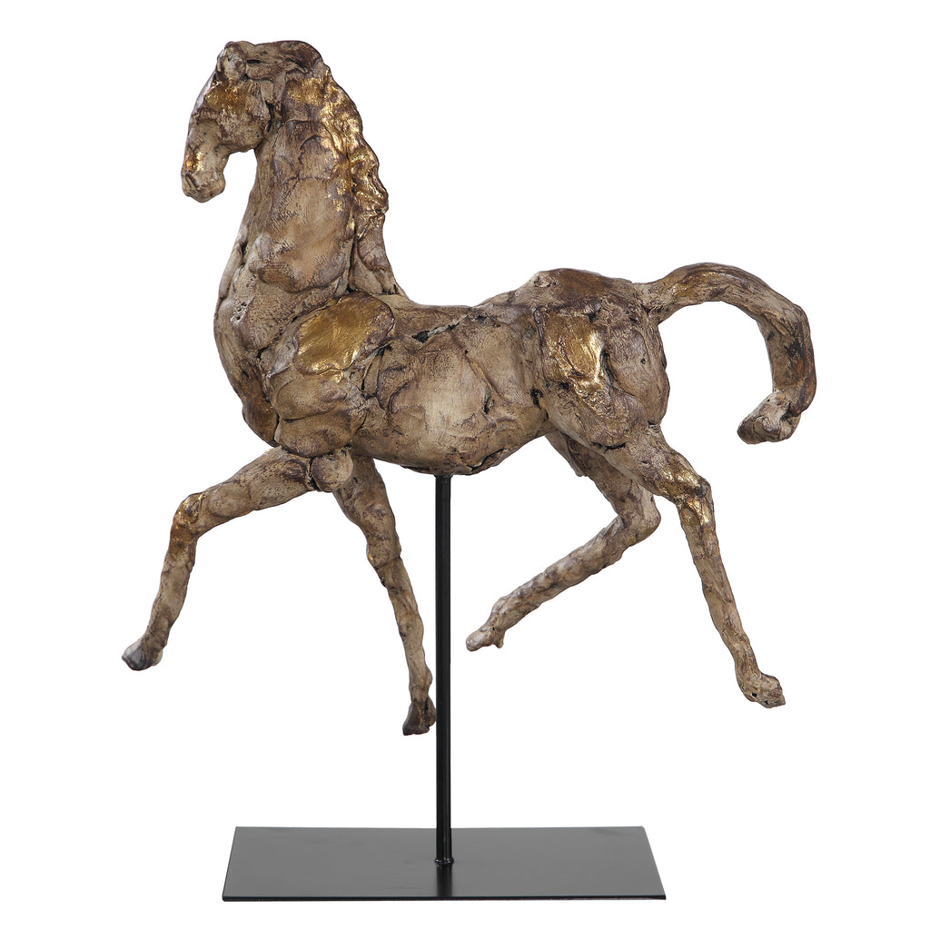Aged Silver Horse Sculpture with Gold Accents on Black Stand